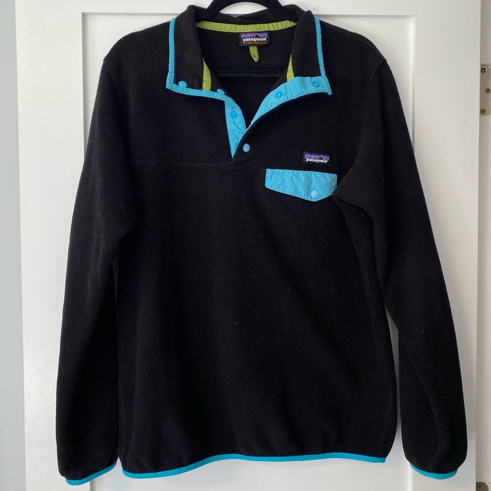 Patagonia Black Fleece Pullover with Blue Trim